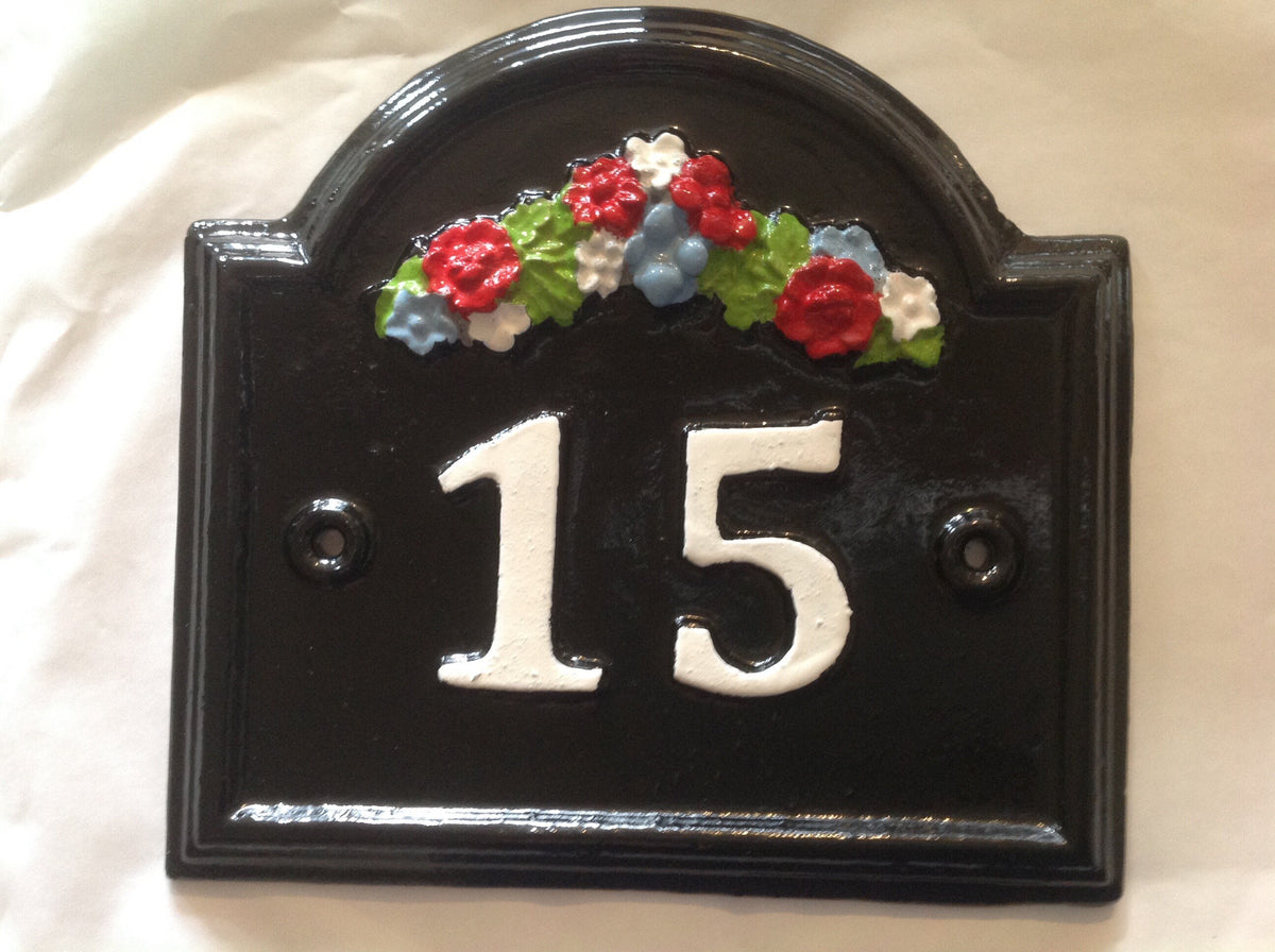 Hand Cast Aluminum House Number Sign, Floral Motif, Personalized
