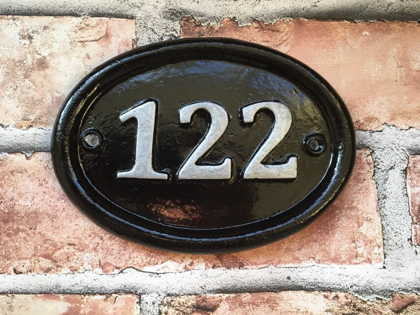 Handmade Cast Aluminum Address Sign, Enamel Painted House Number Plaque